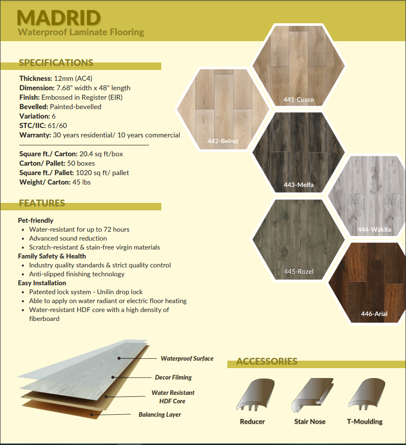 Madrid Luxury 72-Hour Waterproof Laminate (AC4 rating for superior durability)