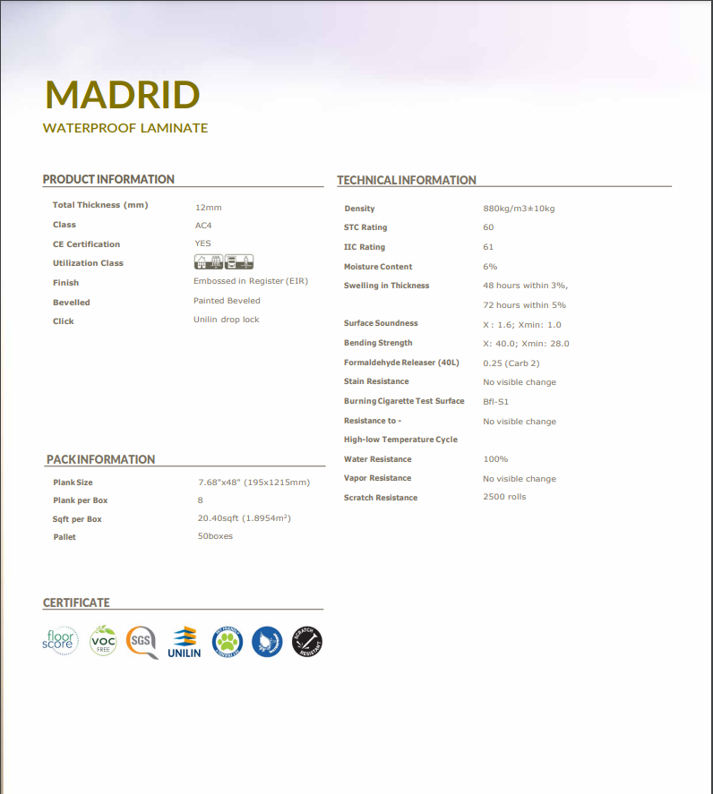 Madrid Luxury 72-Hour Waterproof Laminate (AC4 rating for superior durability)